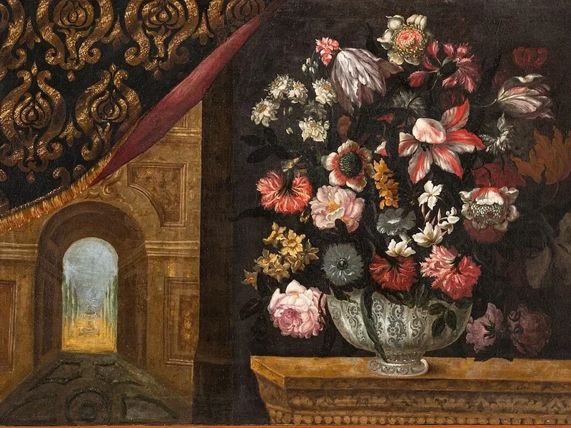 1677-Antonio Gianlisi II - Natura morta con scorcio architettonico